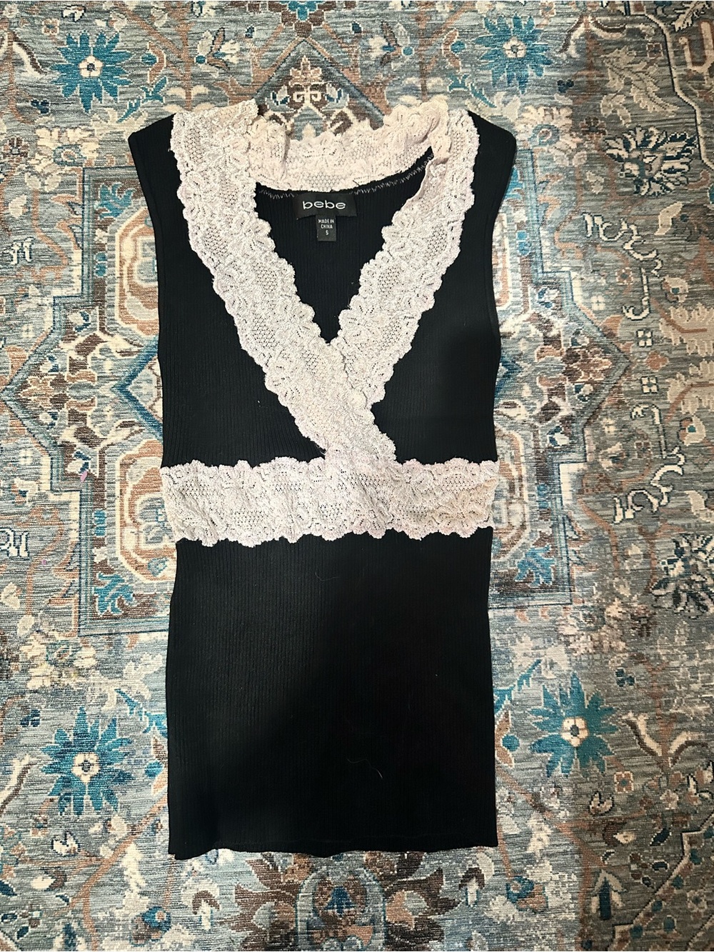 bebe Black Tank with Cream Lace Trim Accent